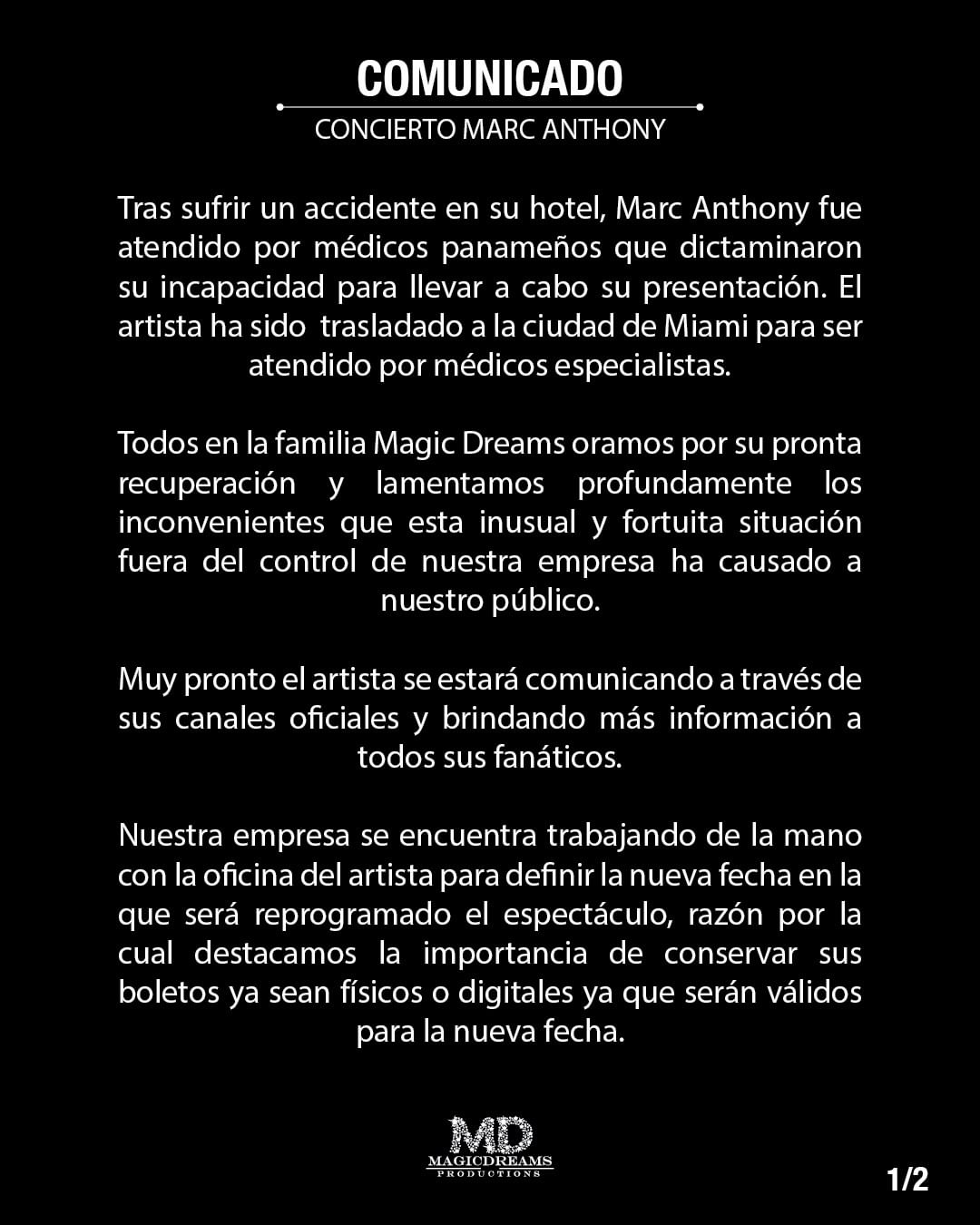 marc anthony comunicado accidente panamá