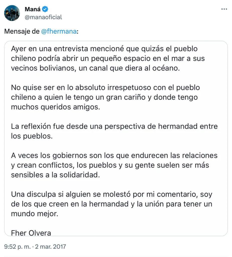 Comunicado Público de Fher, vocalista de Maná.