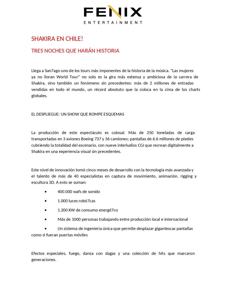 SHAKIRA EN CHILE COMUNICADO FÉNIX