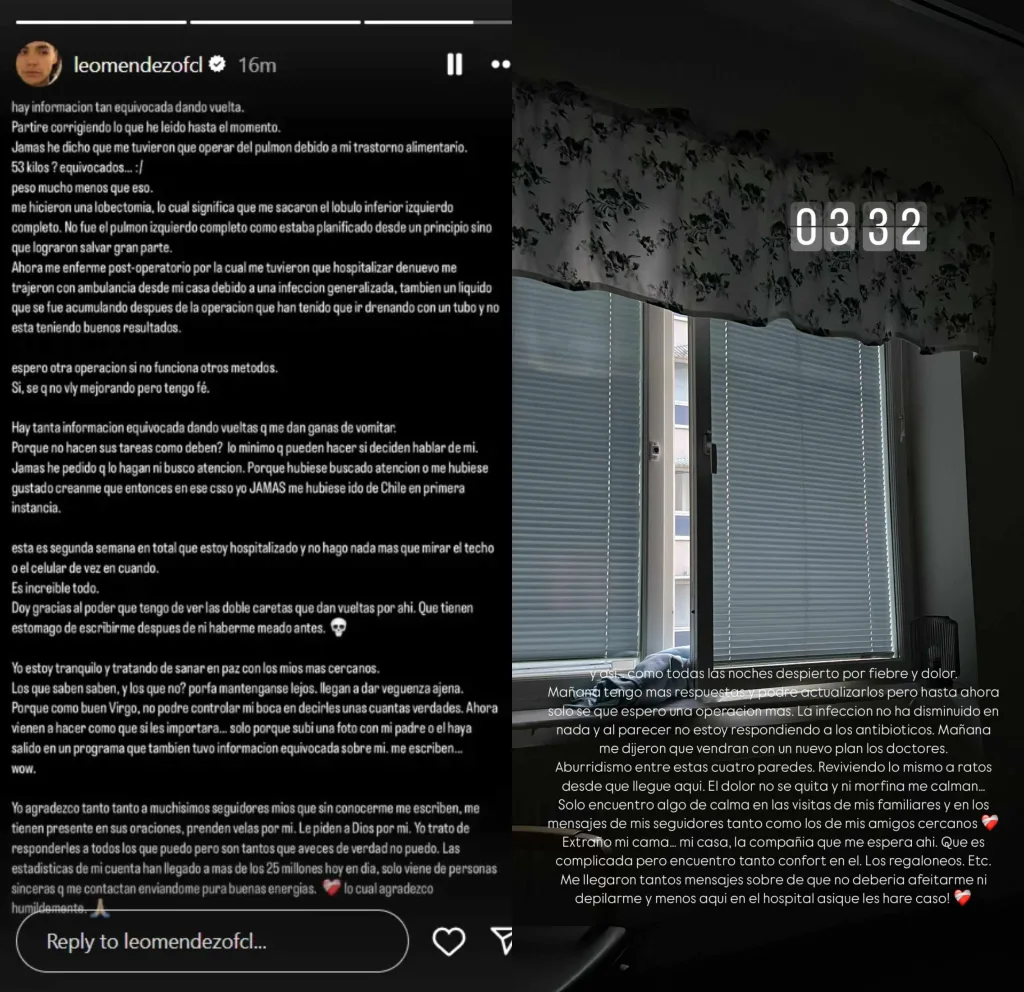 Leo Méndez publica historias de recaída por cirugía pulmonar. Créditos: Instagram