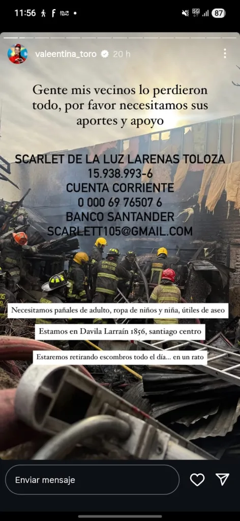 Incendio en Santiago, deportista Valentina Toro pide ayuda para sus vecinos