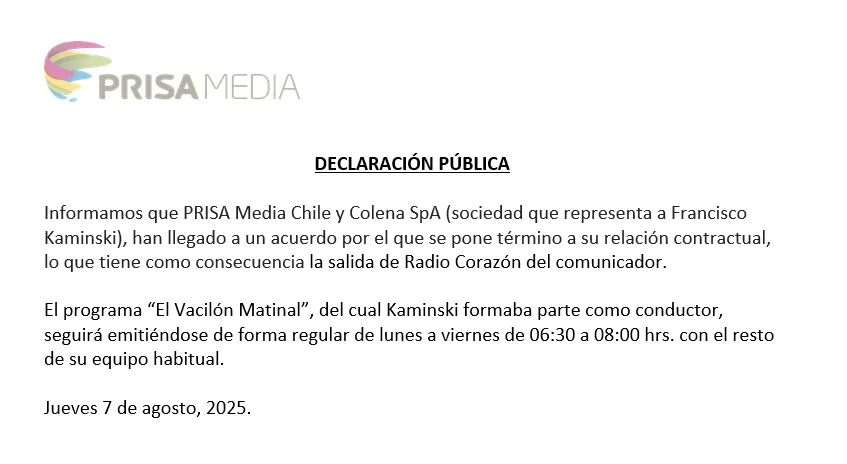 Comunicado Prisa Media sobre Francisco Kaminski y Radio Corazón