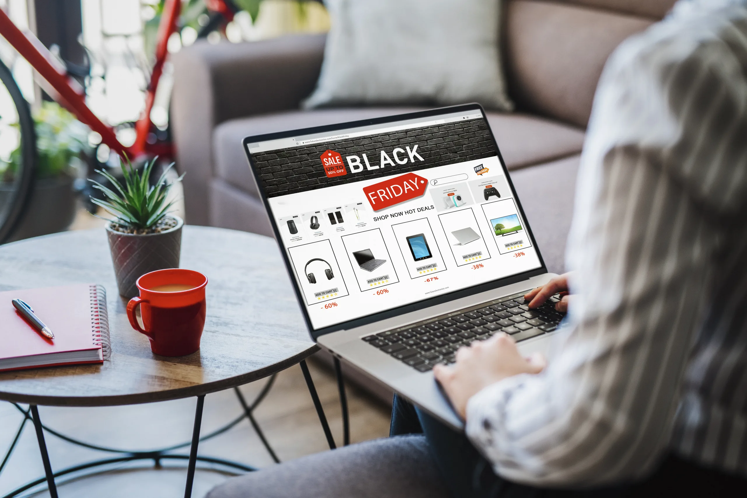 Young Woman Shopping From Home At Black Friday Discount.