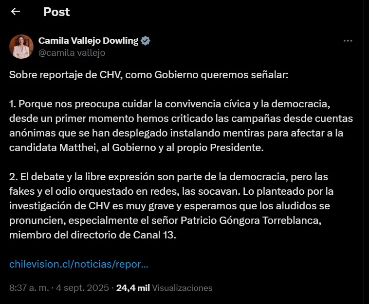 Camila Vallejo acerca de los bots y exige pronunciamiento de Canal 13