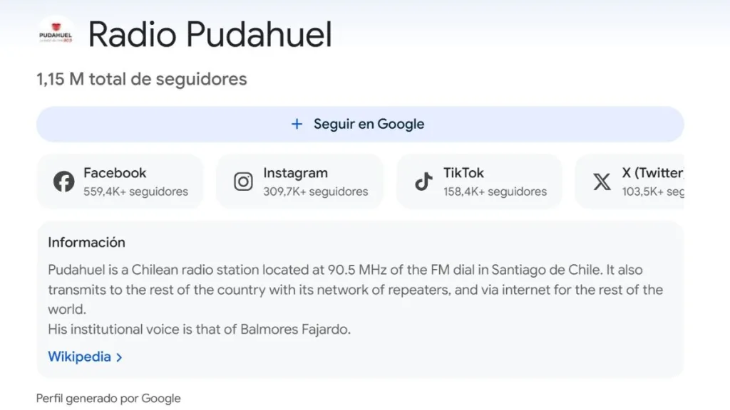 Perfil de Radio Pudahuel en Google Discover versión notebook
