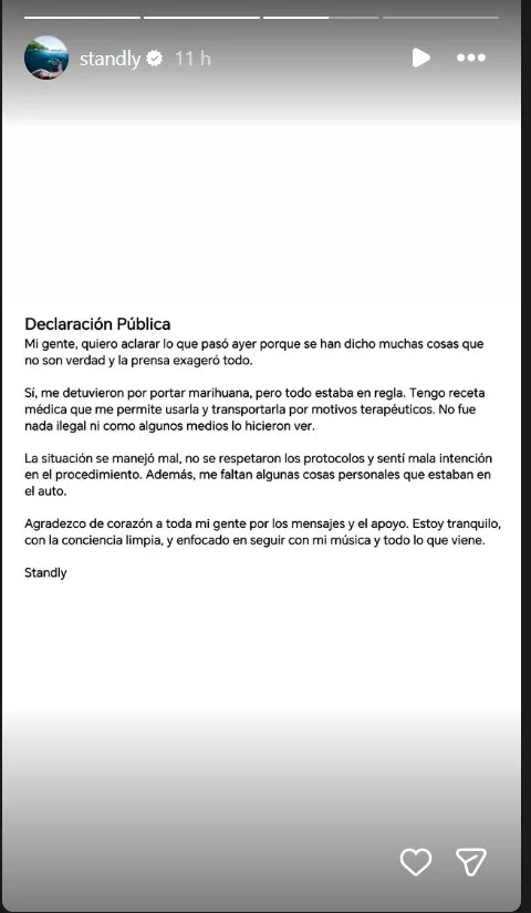 Declaración pública del cantante urbano Standly