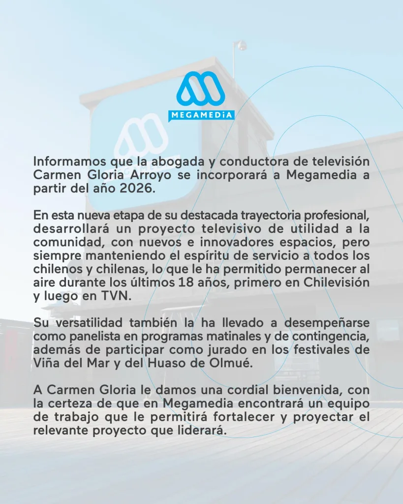 Comunicado de Mega acerca de Carmen Gloria Arroyo
