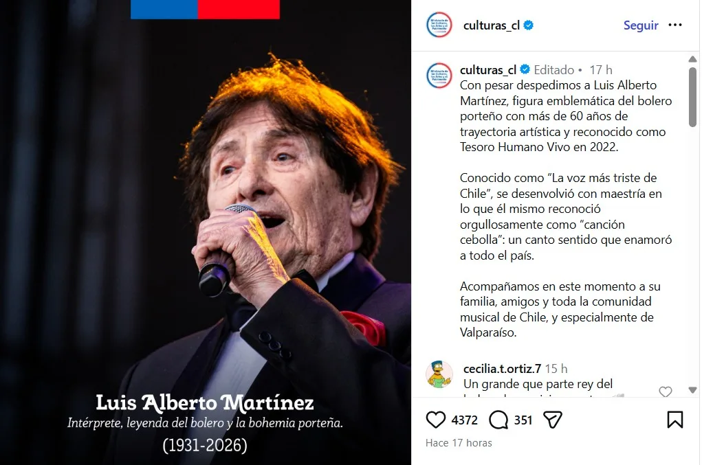 Cantante chileno Luis Alberto Martínez muere a los 90 años