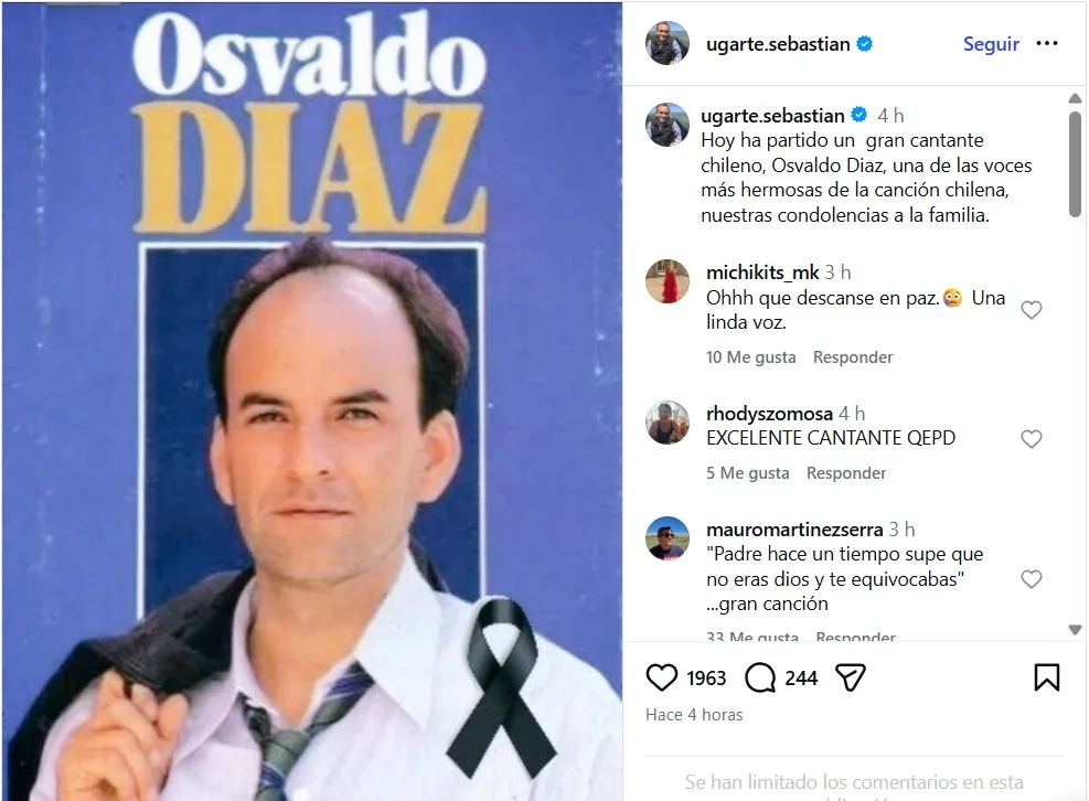 Fallece cantante chileno Osvaldo Díaz, el médico Sebastián Ugarte confirma su deceso