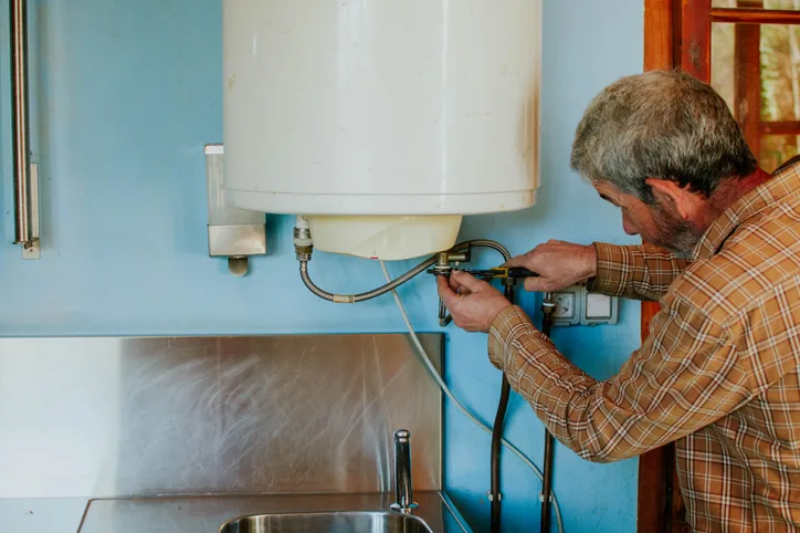 The Man Repairs The Water Heater.