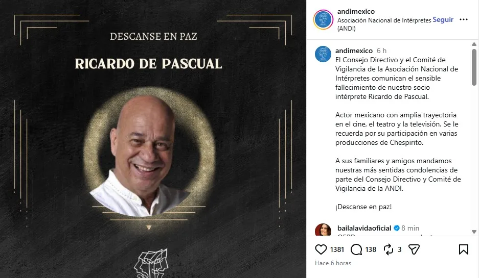 Muere actor Ricardo de Pascual