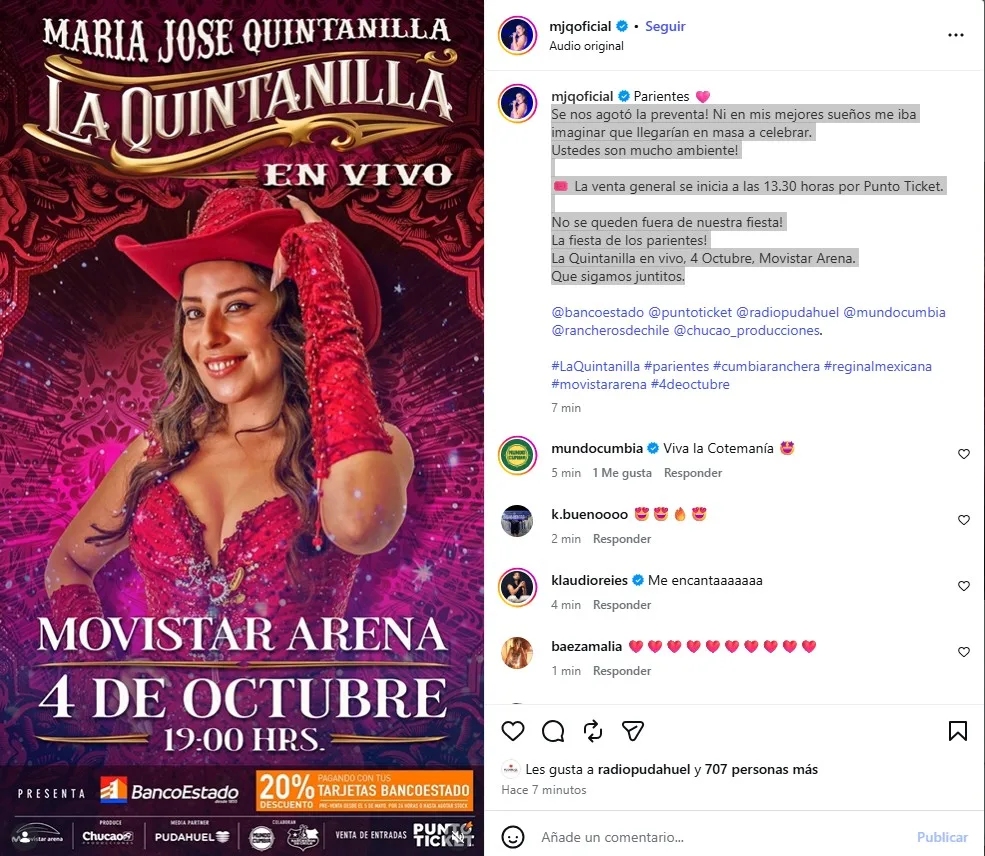 María José Quintanilla Anuncia Venta De Entradas En Movistar Arena