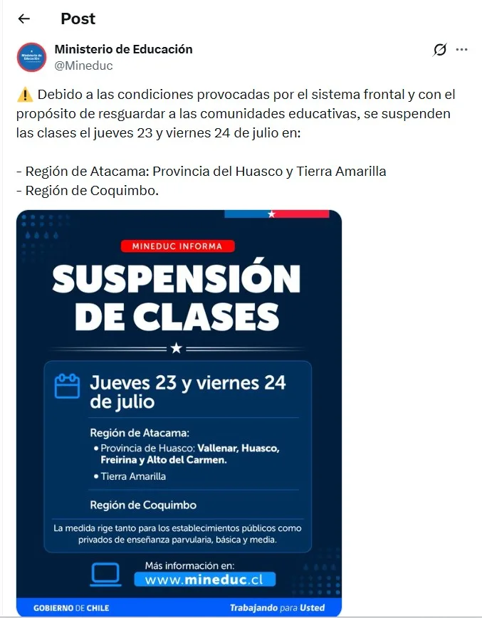 Mineduc Anuncia Suspensión De Clases Para El Viernes 24 De Julio