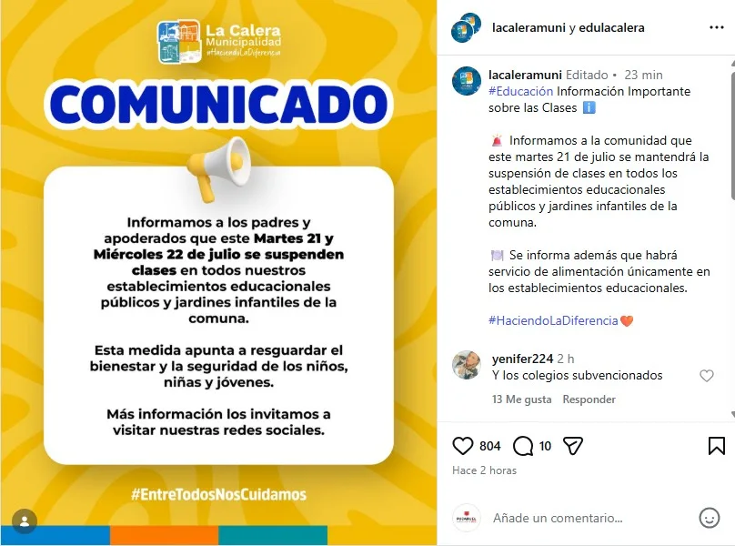 Suspensión De Clases En La Calera Martes 21 Y Miércoles 22 De Julio