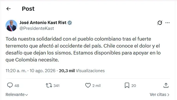 Presidente José Antonio Kast Ofrece Ayuda A Colombia Tras El Terremoto