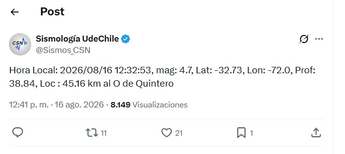 Temblor En Chile Epicentro En Quintero
