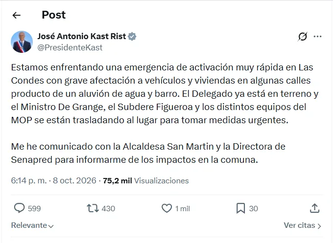 Presidente José Antonio Kast Se Refiere Al Aluvión En Las Condes